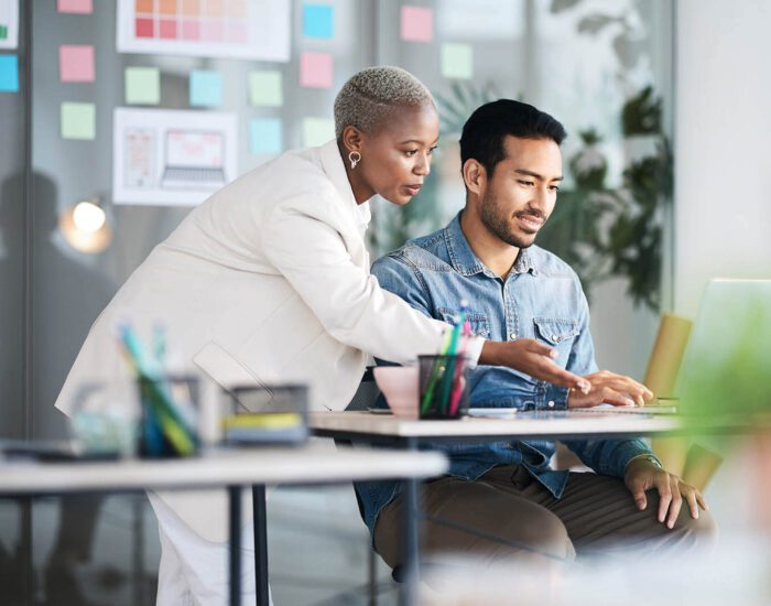 Two employees looking at a computer